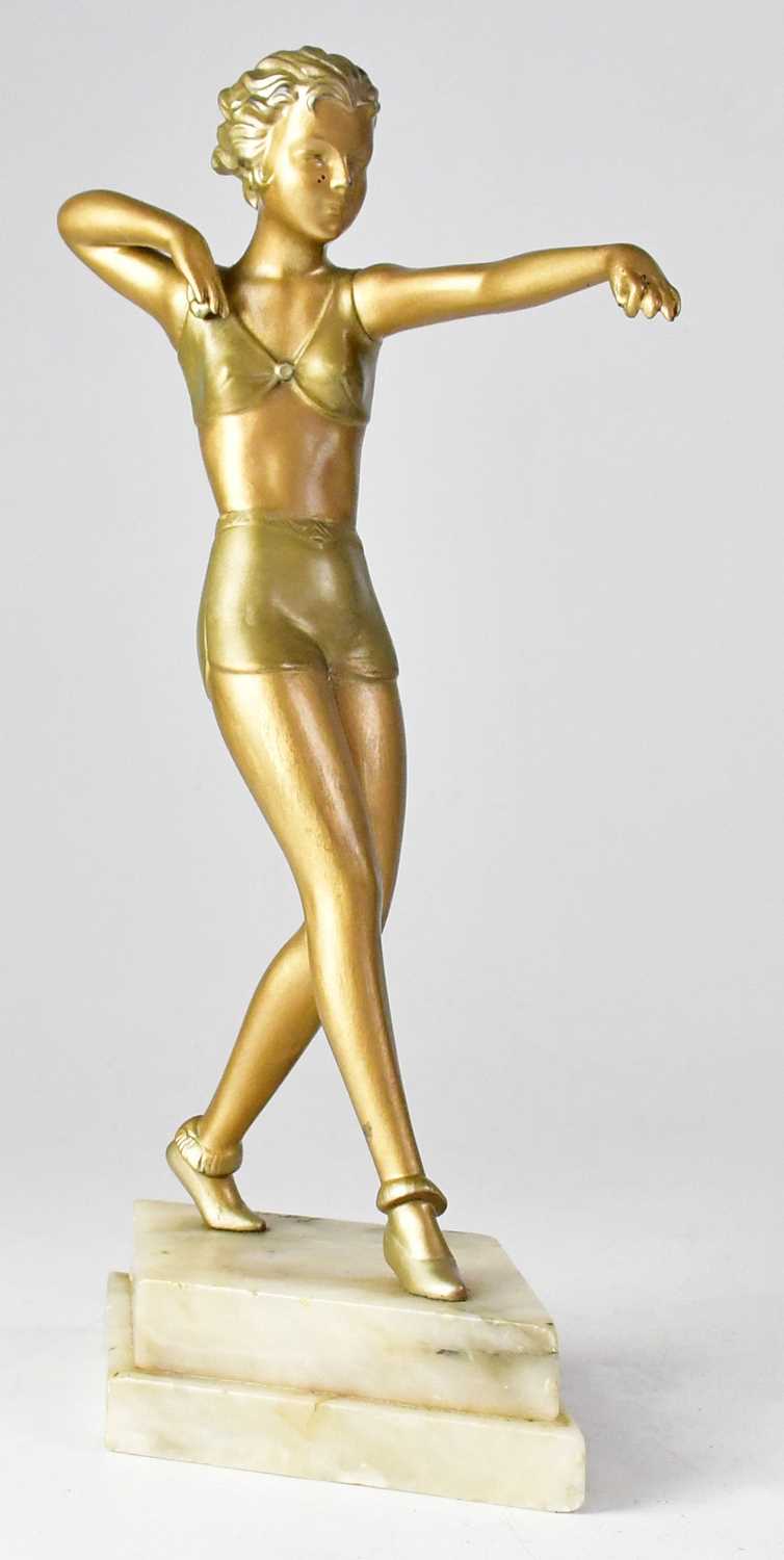 AFTER JOSEF LORENZL (1892-1950); a painted spelter figure of an Art Deco flapper girl, raised on - Image 2 of 3