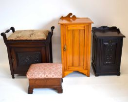 A walnut tin-lined purdonium, a mahogany piano stool with cabinet base, and an oak footstool with