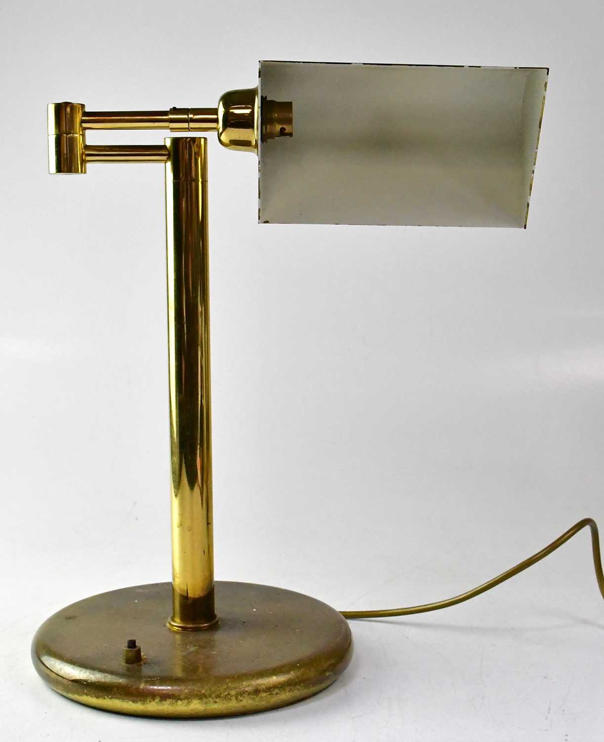 A brass reading lamp with adjustable brass shade, on two swinging arms to circular base, height - Image 2 of 2