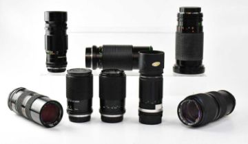 Eight various camera lenses to include a Sunagor Macro Focus 250, a Tamron Barr Multi C, two Cosina,