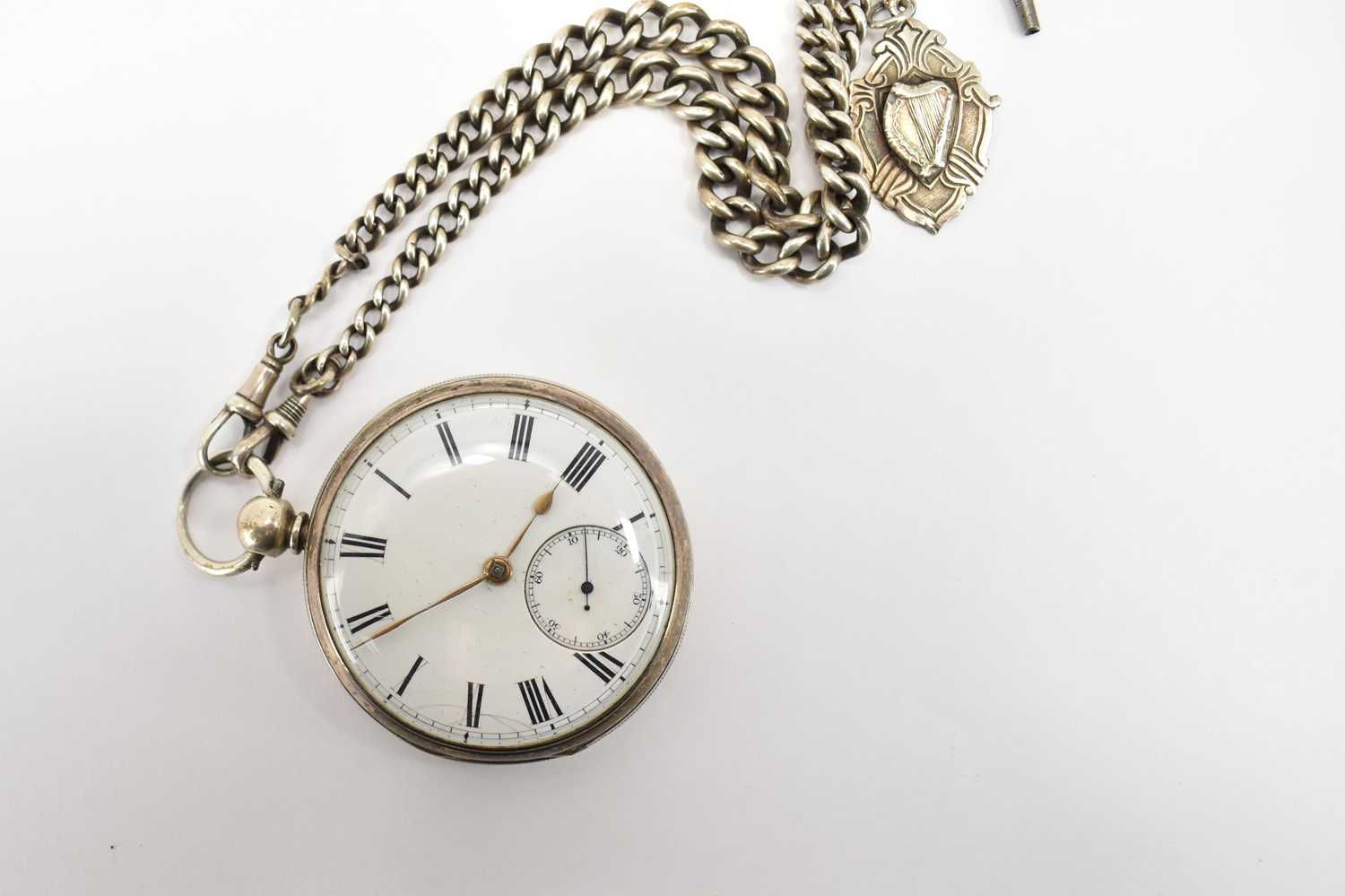 P. COHEN, LEEDS; a hallmarked silver open face pocket watch, the white enamelled dial set with Roman - Image 3 of 4