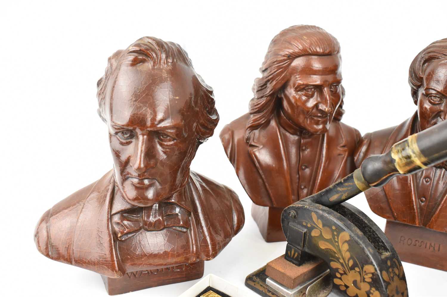 Various collectors' items comprising four resin busts of composers in a wood effect, a rustic - Image 5 of 6