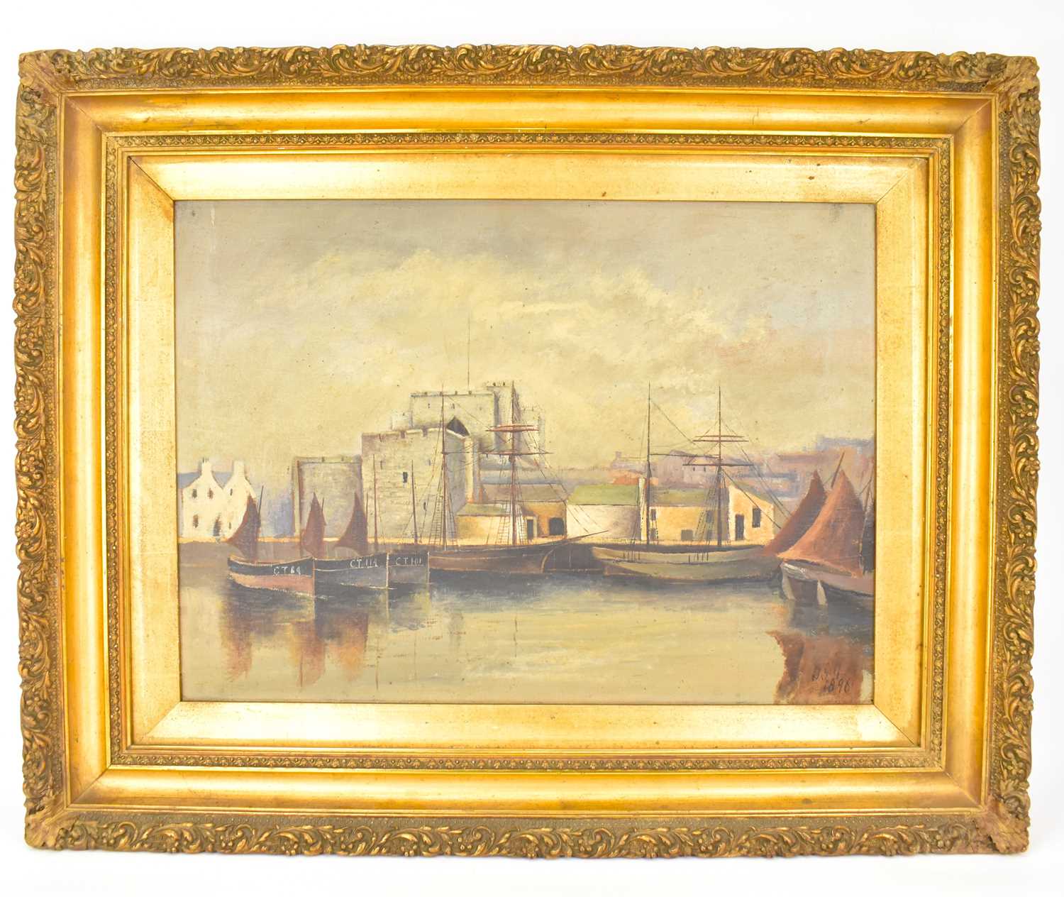 J. GILL; oil on canvas, harbour scene, signed and dated 1896 lower right, 36 x 51cm, in gilt wood