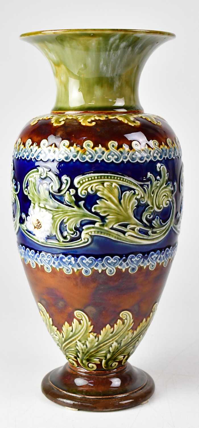 DOULTON LAMBETH; a baluster vase with band of flowers and scrolling leaves, brown, green and blue