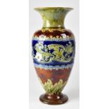 DOULTON LAMBETH; a baluster vase with band of flowers and scrolling leaves, brown, green and blue