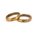 Two 9ct gold wedding bands, one with three tiny star inset diamonds (one missing), size L, the other
