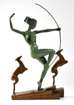 AFTER MARCEL ANDRE BOURAINE (1886-1948); a bronze figure of Diana with fawns, on a stepped Art