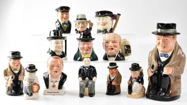 A quantity of Winston Churchill related character jugs comprising a set of three Royal Doulton