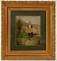 AFTER RIDGWAY KNIGHT; a crystoleum, a woman carrying an amphora near a lake, 23 x 19cm, framed and