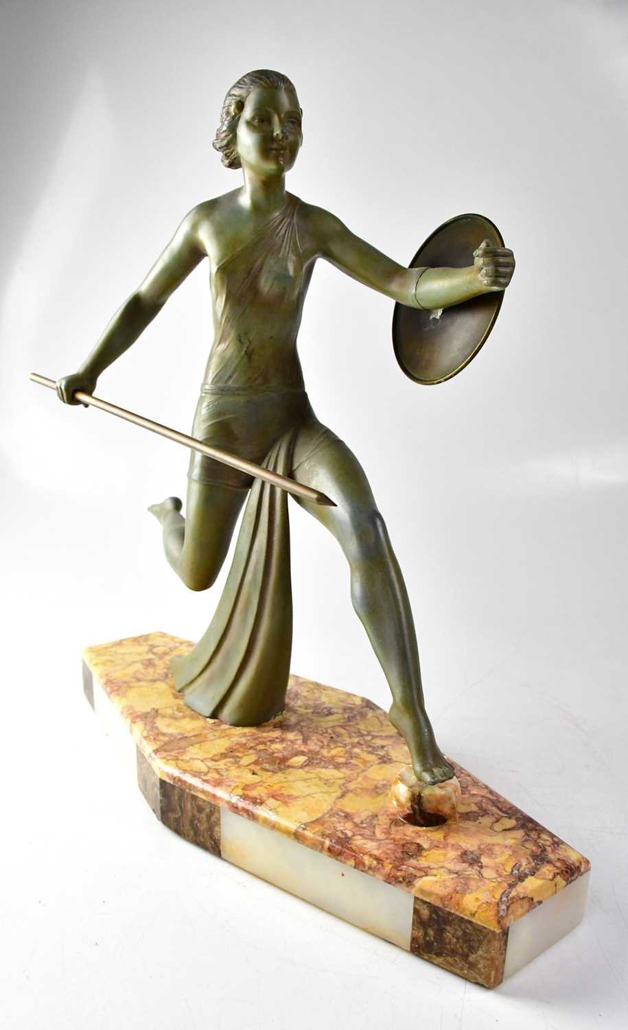 A French Art Deco style spelter figure of Diana the Huntress, depicting a female with shield and - Image 2 of 2