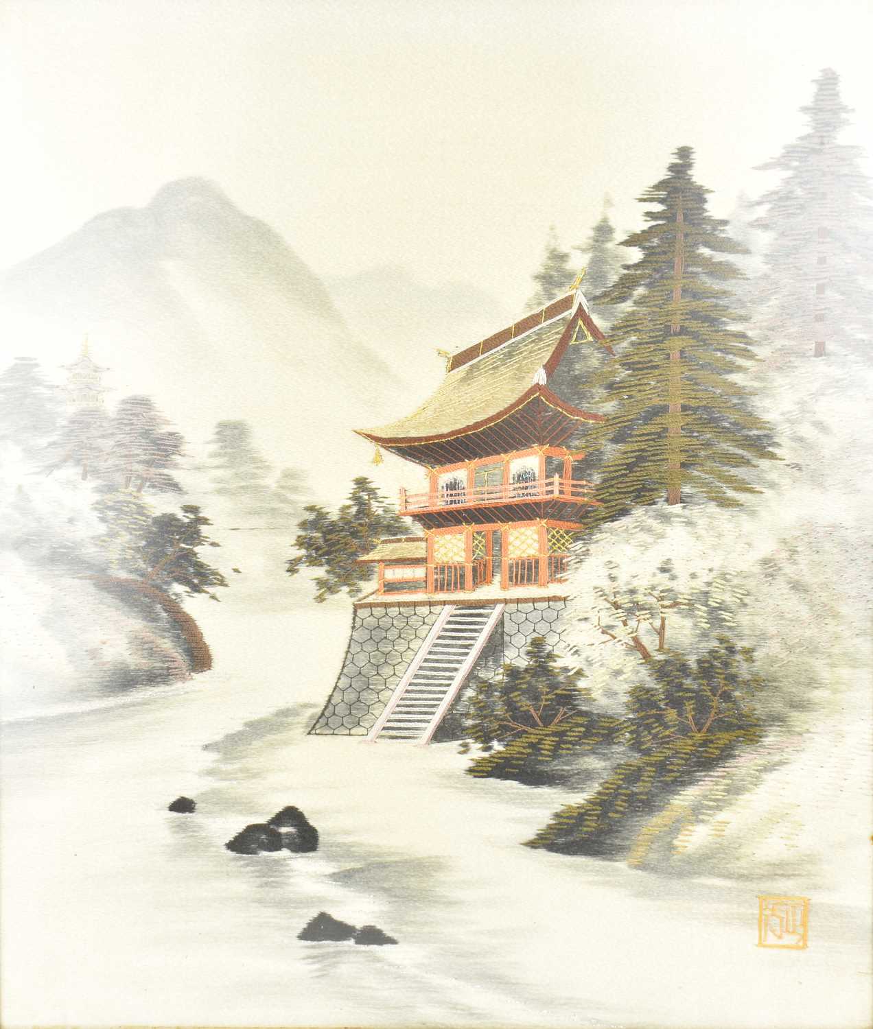 A vintage woven silk picture depicting pagoda on riverbank with pine trees to the side, water to the - Image 2 of 4