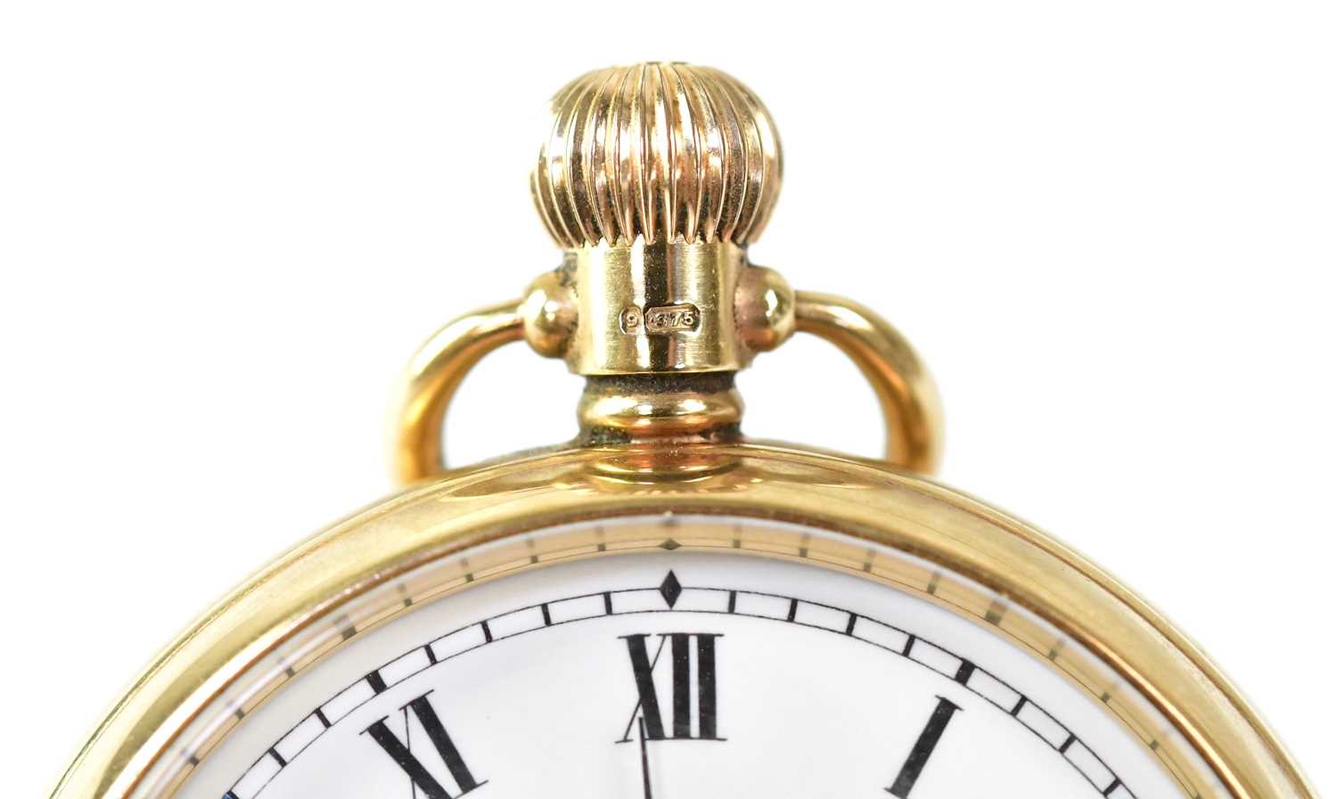 BUREN; a 9ct yellow gold crown wind open face pocket watch, the white enamelled dial set with - Image 2 of 4