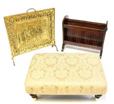 A reproduction upholstered top footstool to brass castors, 26 x 61 x 41cm, a modern mahogany