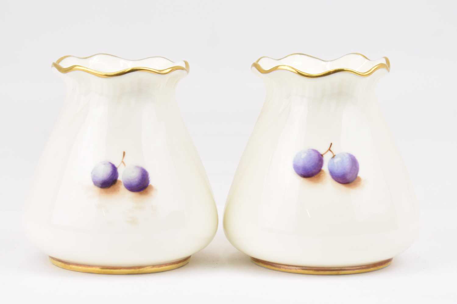 ROYAL WORCESTER; two small porcelain vases, both hand painted with a similar 'Fallen Fruit' design - Image 4 of 4