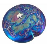 JOHN DITCHFIELD FOR GLASFORM; a silver frog on iridescent lily pad glass paperweight, diameter 11cm,