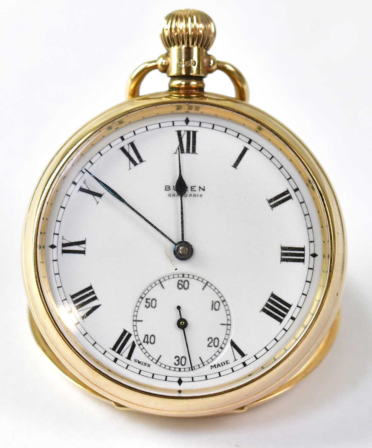 BUREN; a 9ct yellow gold crown wind open face pocket watch, the white enamelled dial set with