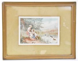 ATTRIBUTED TO MYLES BIRKET FOSTER (1825-1899); watercolour, mother and child by pond, with ducks,