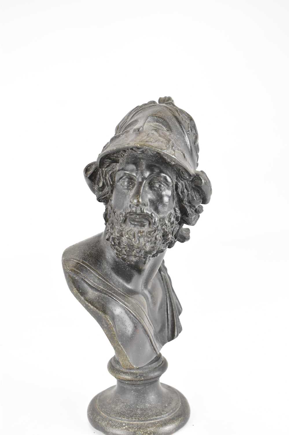A cast metal bust depicting a Greek warrior with highly decorated helmet, on socle base, height - Image 2 of 3