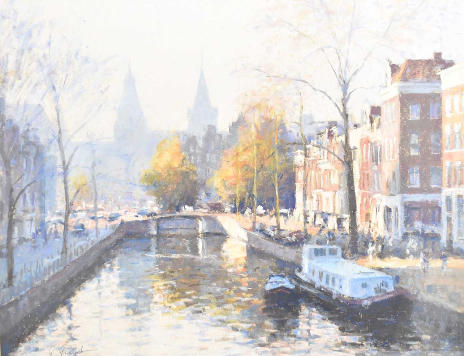 † ROBERT 'BOB' RICHARDSON (born 1938); pastel, Amsterdam lock scene with barges and cityscape, - Image 2 of 2