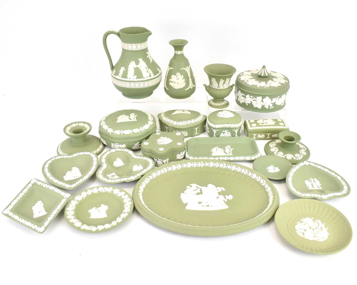 WEDGWOOD; approximately twenty pieces of sage green jasperware, to include ornaments, dishes, vases,