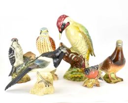 BESWICK; six bird ornaments to include 'Woodpecker' no. 1218, height 21.5cm, 'Falcon' no. 2316, '