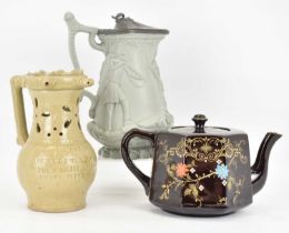 Various 19th century ceramics to include a stoneware puzzle jug inscribed 'A Puzzle Gentlemen now