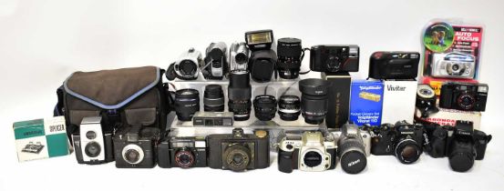 A quantity of cameras to include 35mm Nikkormat, Brownie Reflex 20, Samsung camcorder, Canon EOS