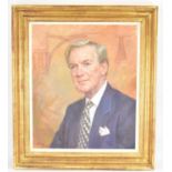 † JUNE MENDOZA OBE RP ROI (born 1924); oil on canvas, portrait of a gentleman with architectural
