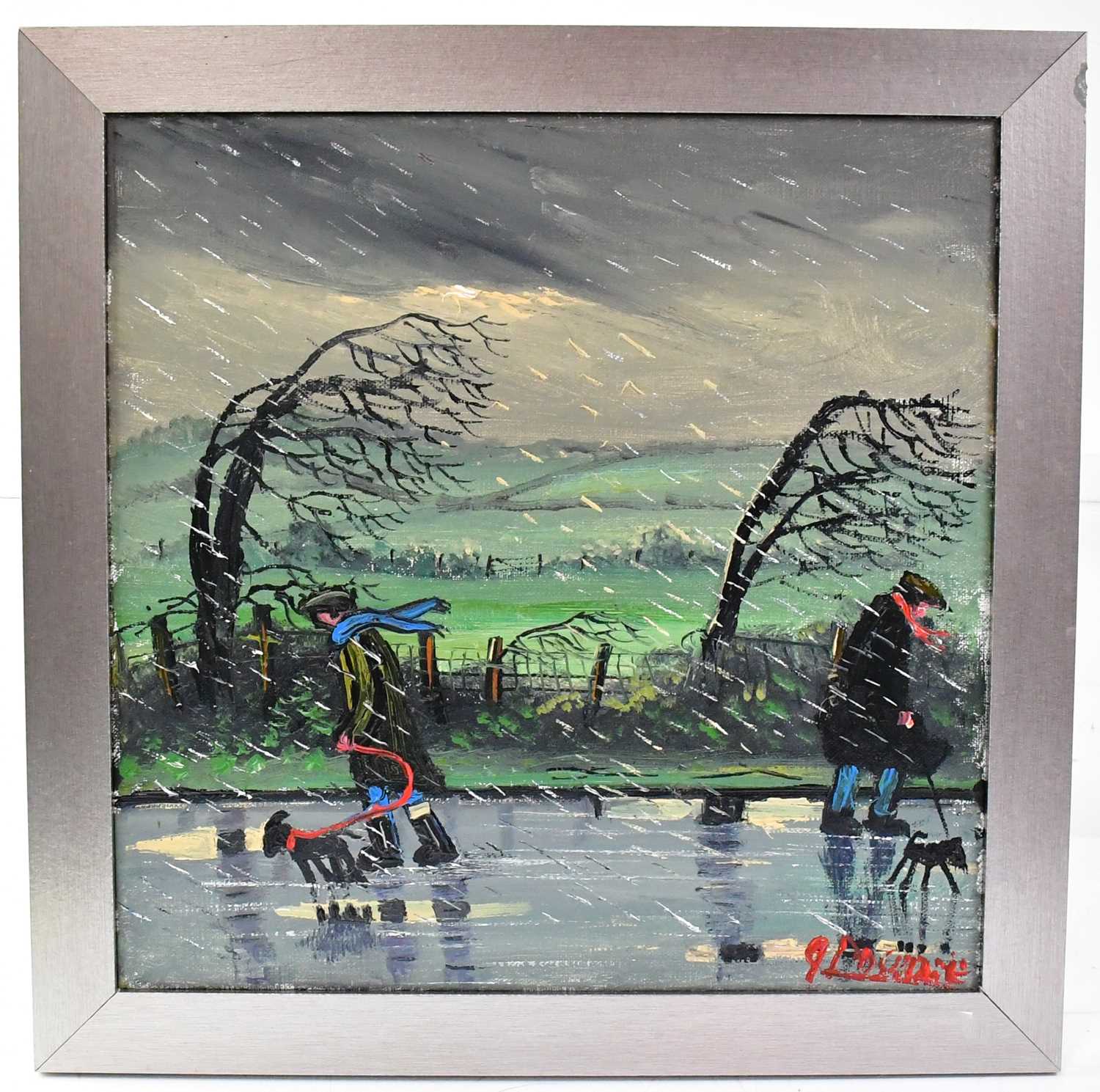 † JAMES DOWNIE (born 1949); three oils on canvas, comprising figures walking dogs in storm, signed - Image 3 of 4