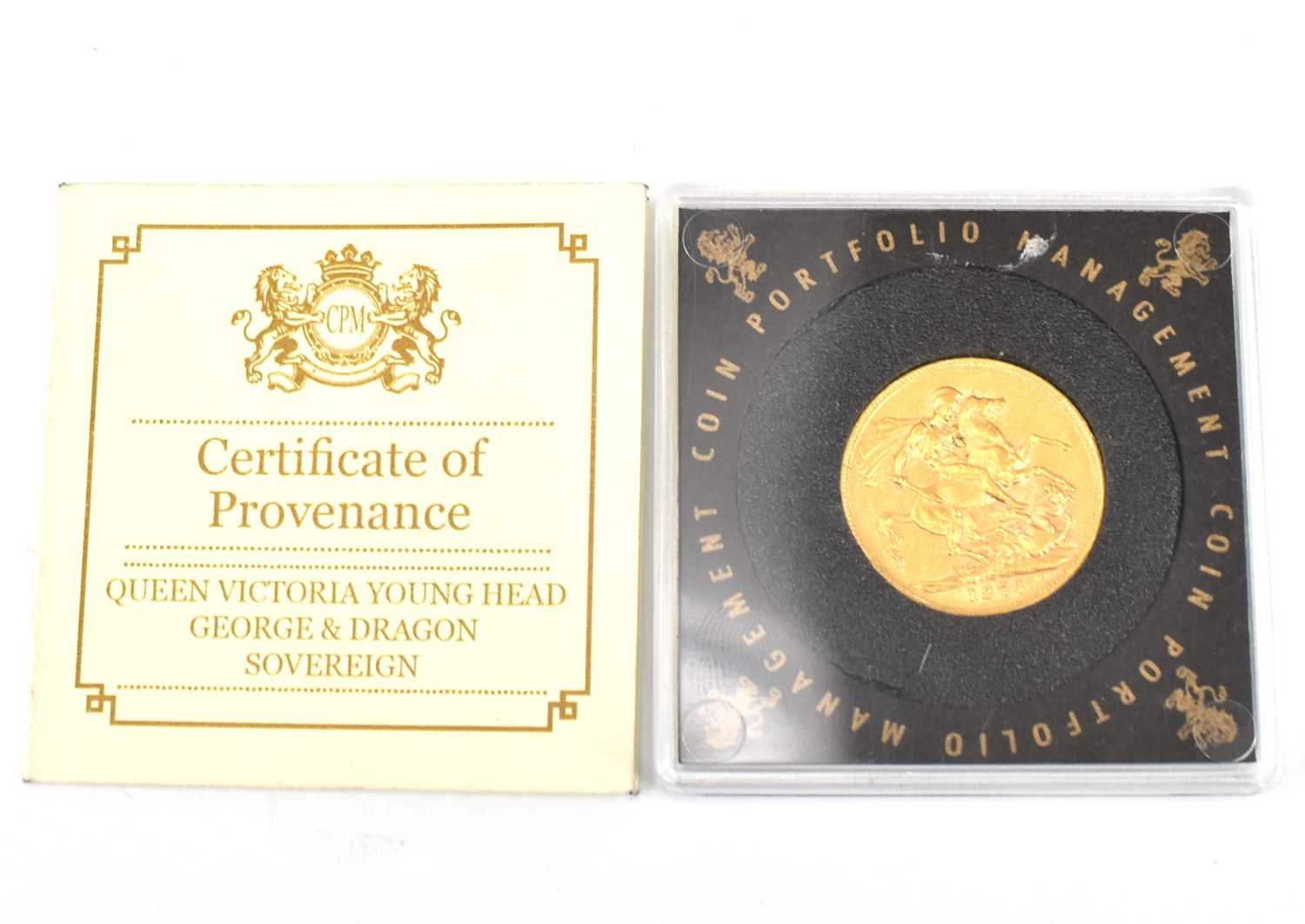 A Victorian 1876 young head full sovereign, George and Dragon, encapsulated in slab with certificate - Image 3 of 3