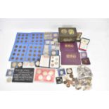 Mixed coins to include coin packs, commemorative coins, pennies, half pennies, silver and half-