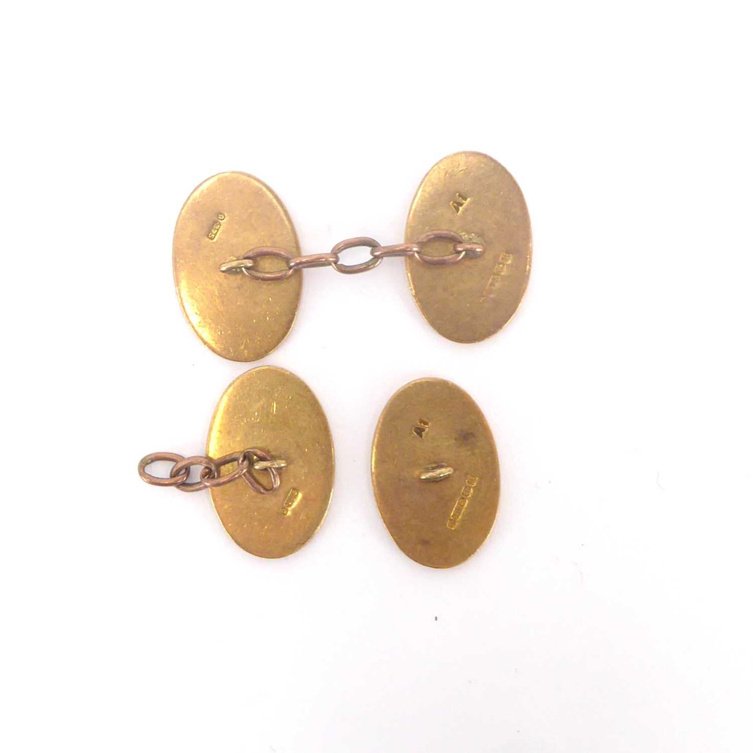 A pair of vintage 9ct gold oval cufflinks with engine turned decoration, united by chain links (af), - Image 2 of 2