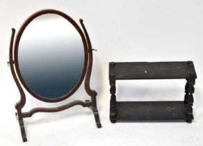 An Edwardian strung mahogany oval swing toilet mirror, height 59cm, together with a stained wooden