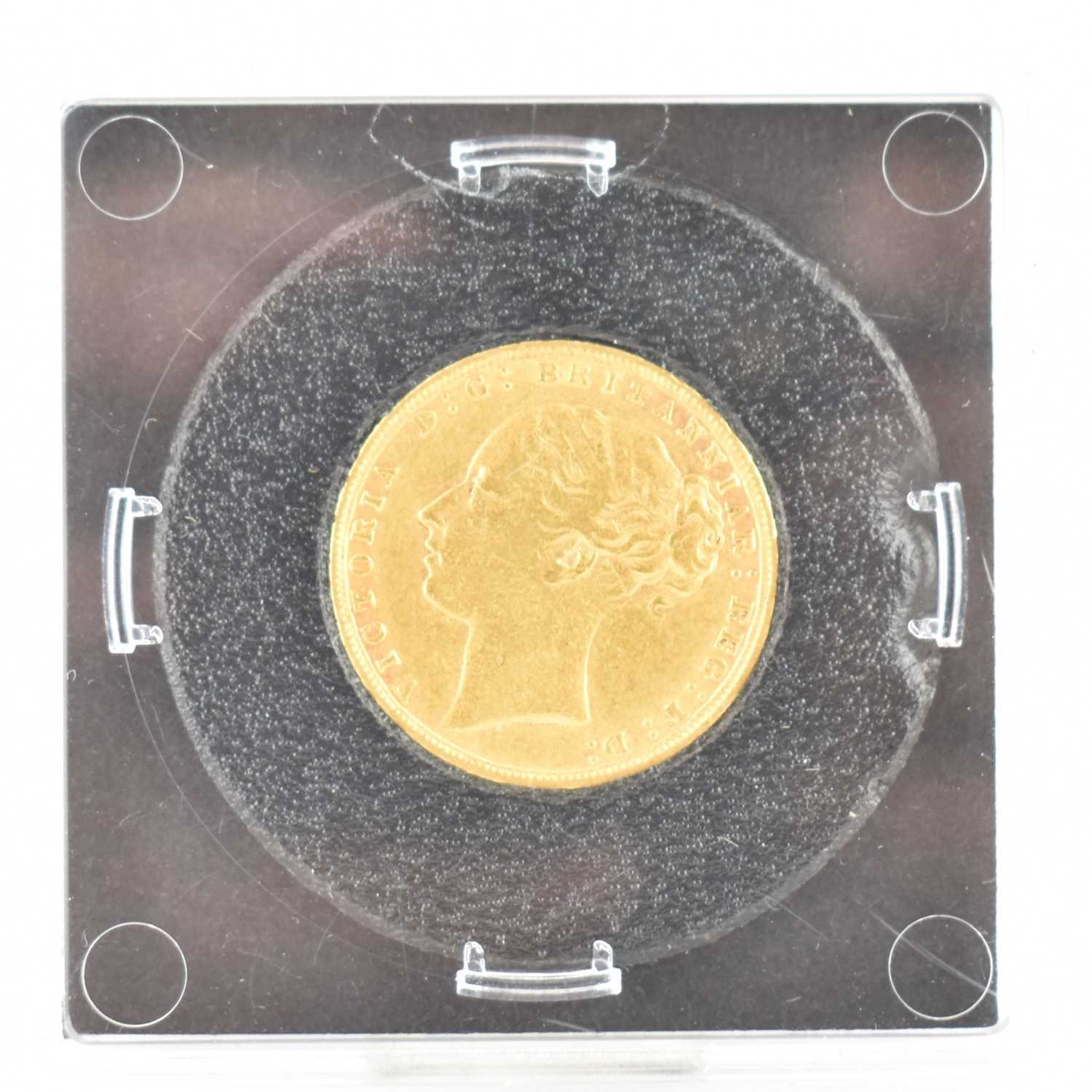 A Victorian 1876 young head full sovereign, George and Dragon, encapsulated in slab with certificate - Image 2 of 3