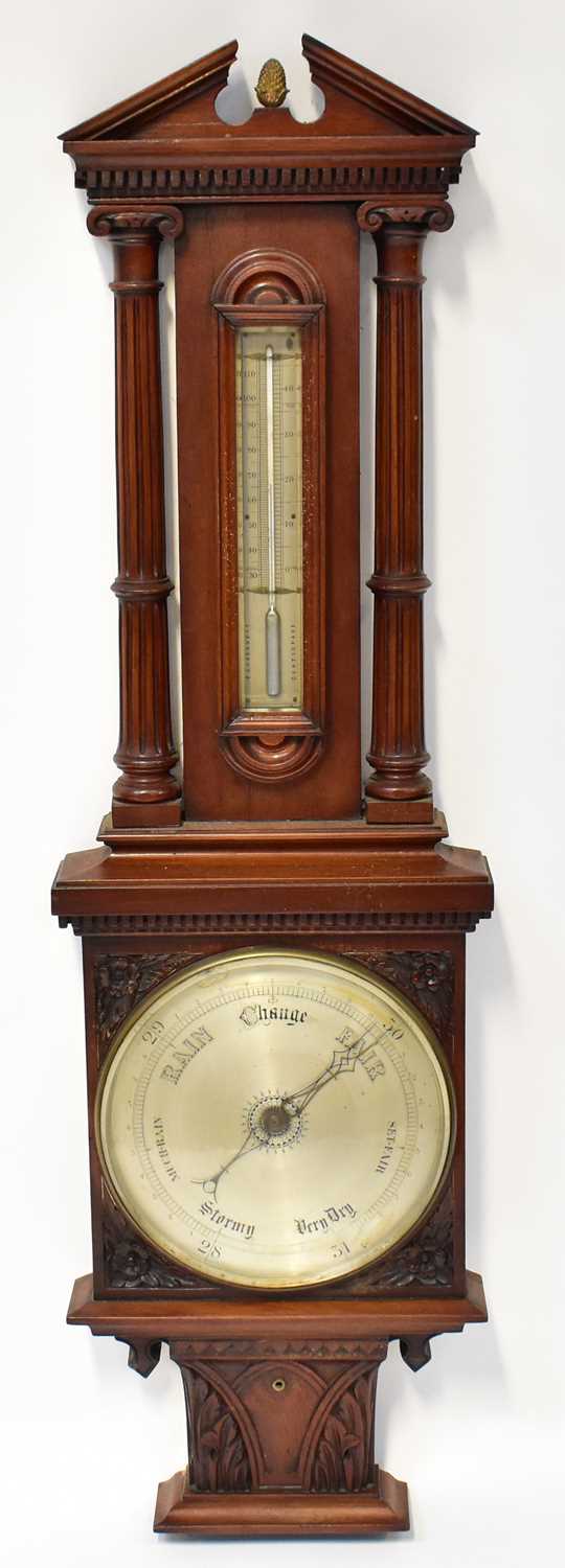 A substantial Victorian mahogany barometer/thermometer with 10" silvered dial below thermometer,