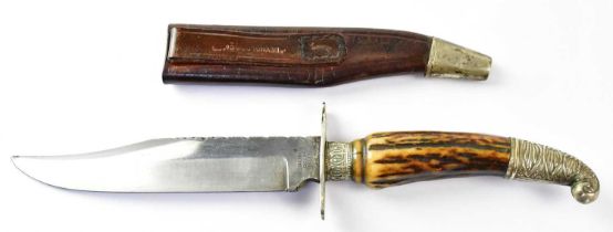 A Victorian antler-handled Bowie knife, with white metal grip tip, collar and sheath tip,