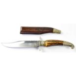 A Victorian antler-handled Bowie knife, with white metal grip tip, collar and sheath tip,