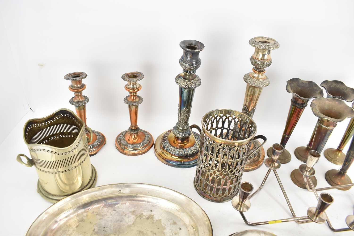 Plated ware to include a pair of large candlesticks (one missing sconce), height 32cm, a smaller - Image 4 of 4