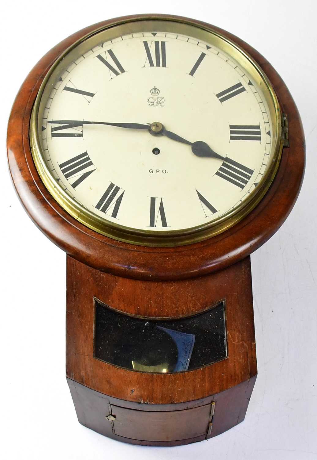 A walnut cased G.P.O. drop-dial wall clock with GR VI below crown cipher, the dial set with Roman