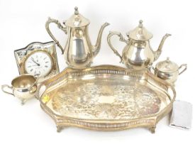 A five-piece silver plated tea set, comprising teapot, coffee pot, lidded sugar bowl, milk jug and