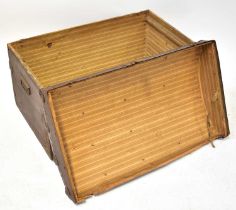 Three vintage trunks comprising a wooden brass bound dome-topped example, a studded green metal