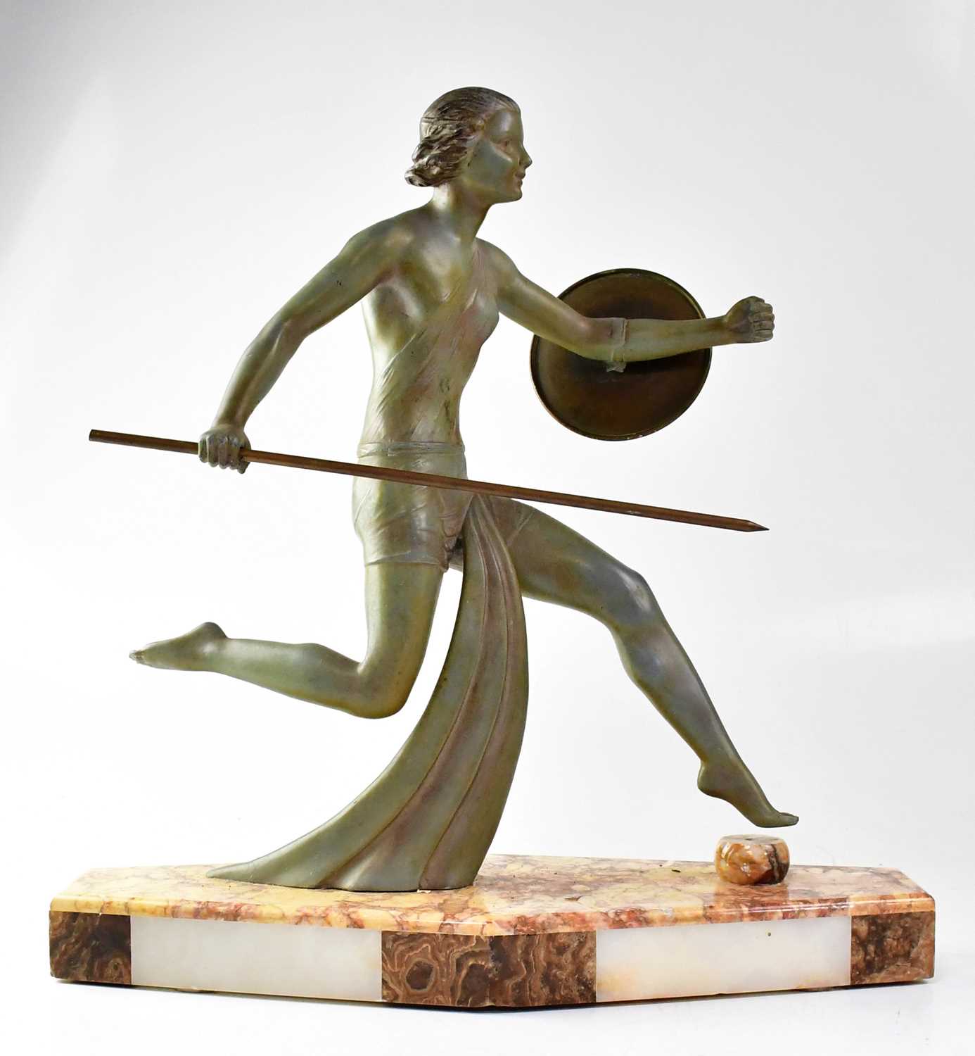 A French Art Deco style spelter figure of Diana the Huntress, depicting a female with shield and