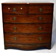 A George III mahogany bow-fronted chest of two short over three long drawers, on bracket feet, 106 x