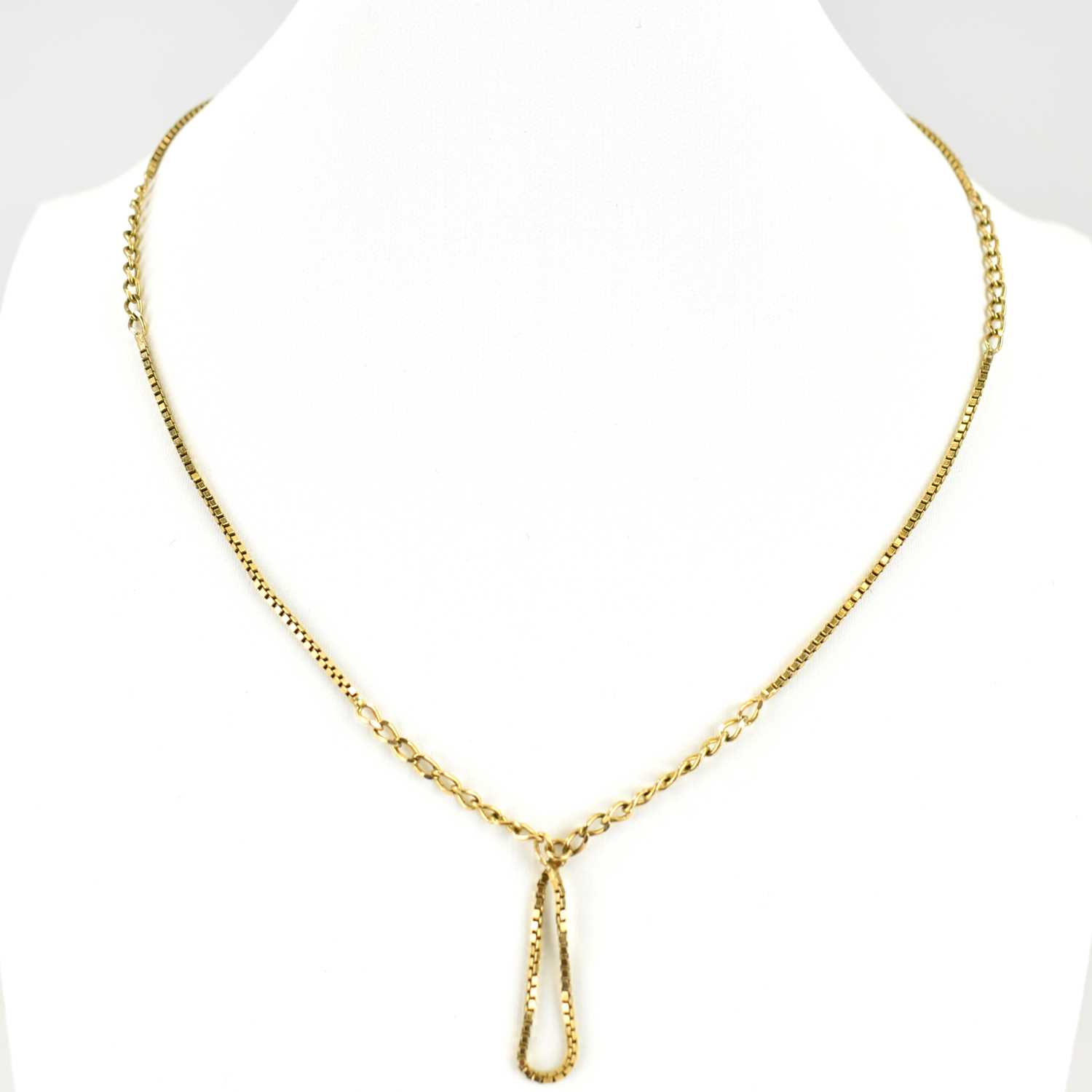 A 9ct gold box and chain link necklace with a small box link hoop pendant, with circular clasp, - Image 2 of 2