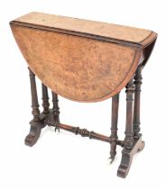 A small Victorian burr walnut Sutherland table raised on turned uprights to stretchered outswept