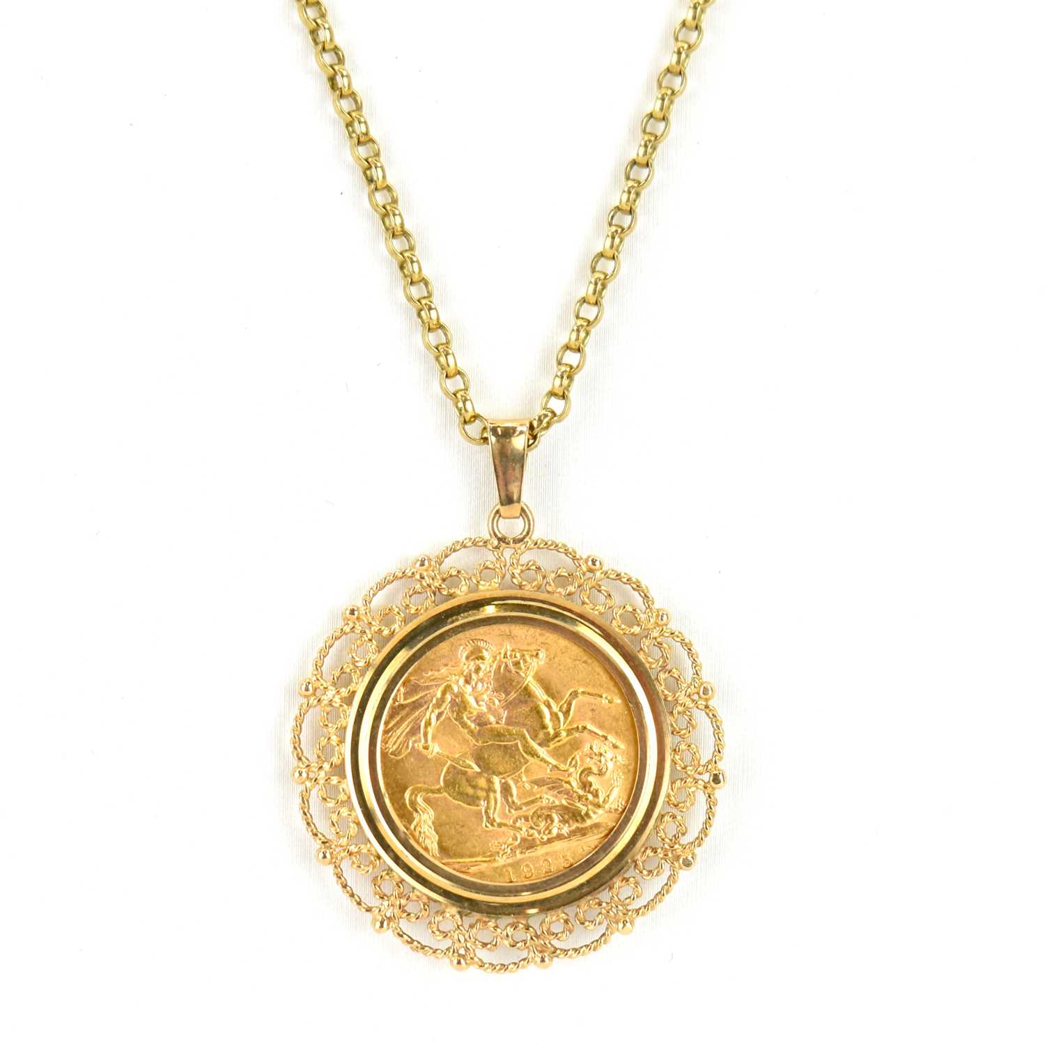 A George V 1925 full sovereign in a 9ct gold circular pendant mount with open scrollwork,