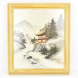 A vintage woven silk picture depicting pagoda on riverbank with pine trees to the side, water to the