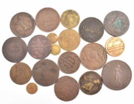 Various 19th century and other tokens to include a 1902 Edward VII imitation half sovereign, a