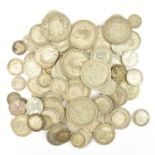 A quantity of silver and half-silver coins, all British pre-decimal, half-silver up to and including