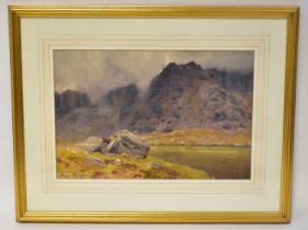 GEORGE COCKRAM RI (1861-1950); watercolour, a Welsh mountainous scene with rocks in the